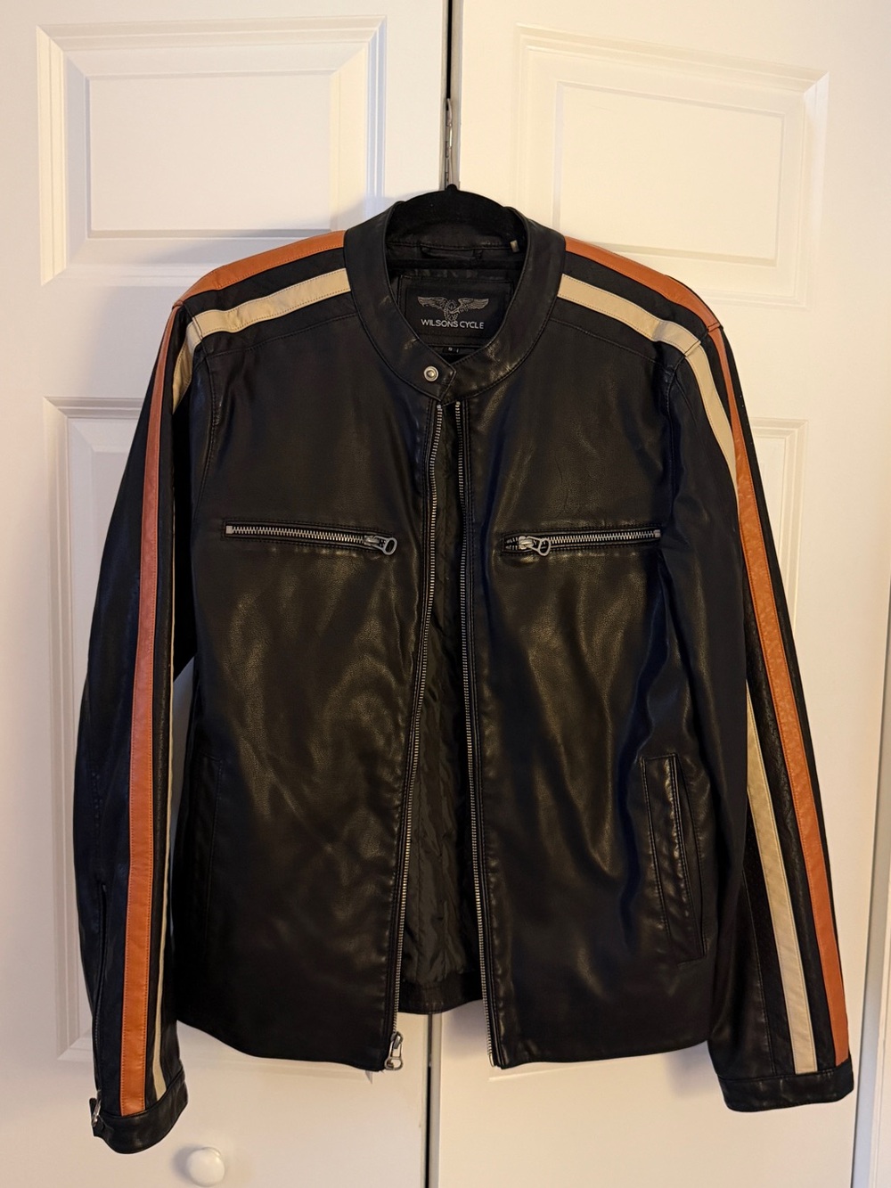 Wilsons Black Faux Leather Jacket with Orange & Cream Stripes